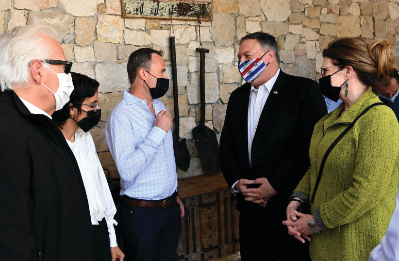 US SECRETARY of State Mike Pompeo and his wife, Susan, visit Psagot Winery in the hills north of Jerusalem, last month. (photo credit: MATTY STERN/US EMBASSY JERUSALEM/FLASH90)