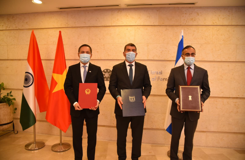 The Israeli, Indian and Vietnamese foreign ministers, December 21, 2020.  (photo credit: FOREIGN MINISTRY)