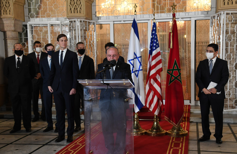 Israel's National Security Adviser Meir Ben-Shabbat is seen speaking in Rabat during a joint US-Israeli delegation to Morocco on December 22, 2020. (photo credit: DAVID AZAGURY/US EMBASSY JERUSALEM)