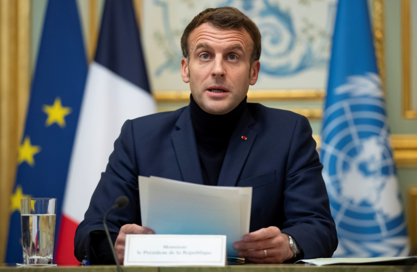 FRENCH PRESIDENT Emmanuel Macron speaks during a video conference with international partners to discuss humanitarian aid for financially-strapped Lebanon, in Paris on December 2. (credit: IAN LANGSDON/POOL VIA REUTERS)