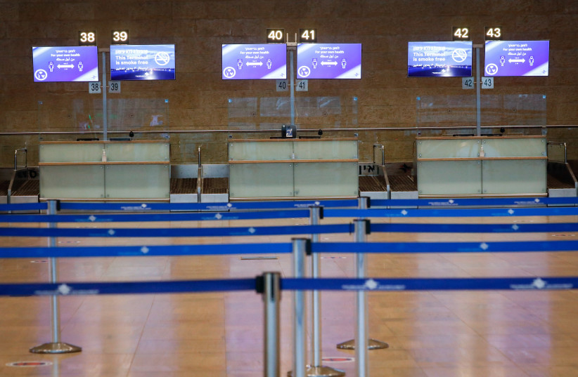 ‘BLACK-SWAN event’: Empty departure halls at Ben-Gurion Airport, October. (photo credit: OLIVIER FITOUSSI/FLASH90)