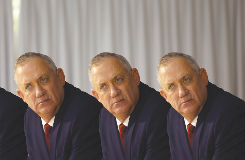 ALTERNATE PRIME MINISTER Benny Gantz – alone at the top of Blue and White. (photo credit: REUTERS/COLLAGE BY DANIEL FEIGEL)