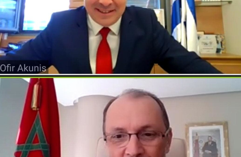 A screenshot of the conversation between Regional Cooperation Minister Ofir Akunis (Likud) and Mohcine Jazouli, Morrocco's Minister Delegate for Cooperation and Expatriates, January 4, 2021.  (photo credit: Courtesy)