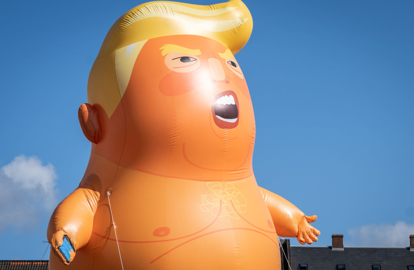Baby Trump blimp flies at Kongens Nytorv, despite the fact that the US President Donald Trump has cancelled his visit to Denmark, in Copenhagen, Denmark, September 2, 2019. (photo credit: RITZAU SCANPIX/VIA REUTERS)