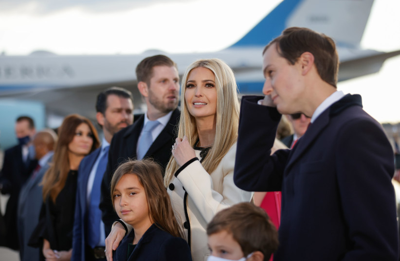 Ivanka Trump and Jared Kushner attend the departure ceremony of US President Donald Trump at the Joint Base Andrews, Maryland, US, January 20, 2021.  (photo credit: CARLOS BARRIA / REUTERS)