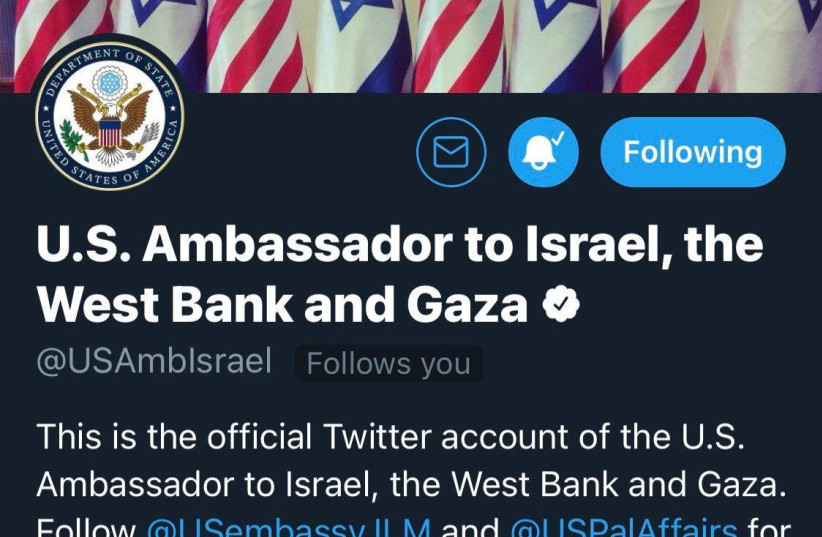 The US ambassador to Israel Twitter account when it was briefly changed. (photo credit: screenshot)