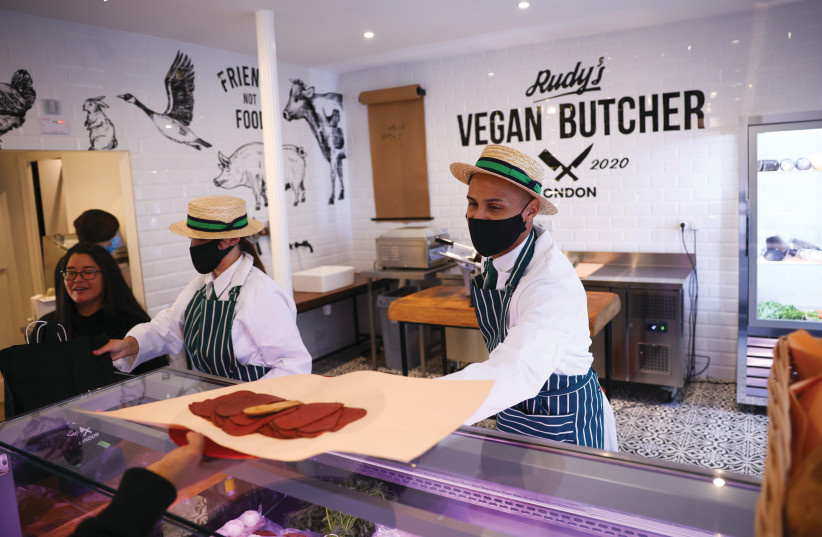RUDY’S VEGAN Butcher shop in London puts a new spin on meat.  (photo credit: HENRY NICHOLLS/REUTERS)