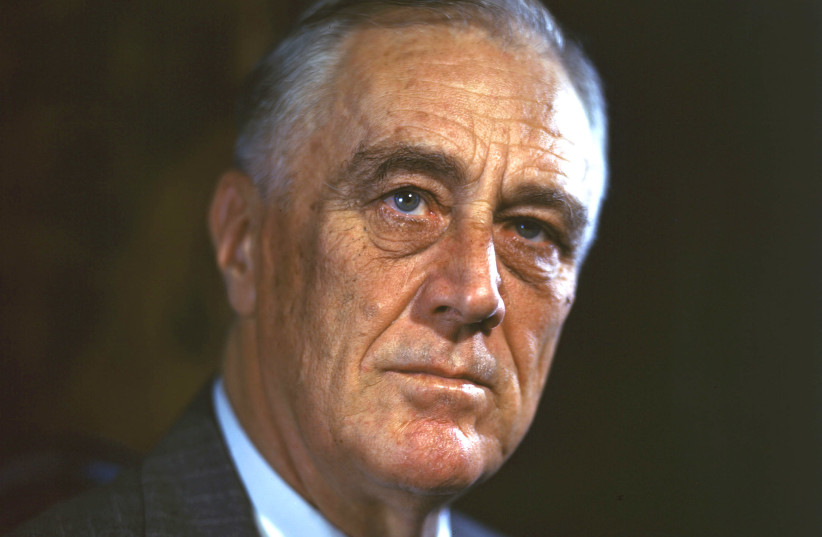 US President Franklin Delano Roosevelt (Original color transparency of FDR taken at 1944 Official Campaign Portrait session by Leon A. Perskie, Hyde Park, New York, August 21, 1944. Gift of Beatrice Perskie Foxman and Dr. Stanley B. Foxman. August 21, 1944). (photo credit: WIKIPEDIA)