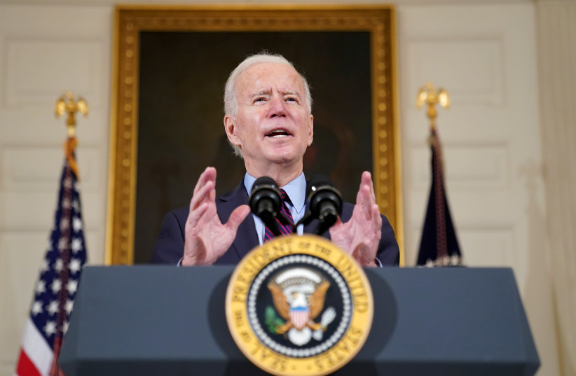 US President Joe Biden delivers remarks in the State Dining Room at the White House in Washington, US, February 5, 2021. (photo credit: REUTERS/KEVIN LAMARQUE/FILE PHOTO)
