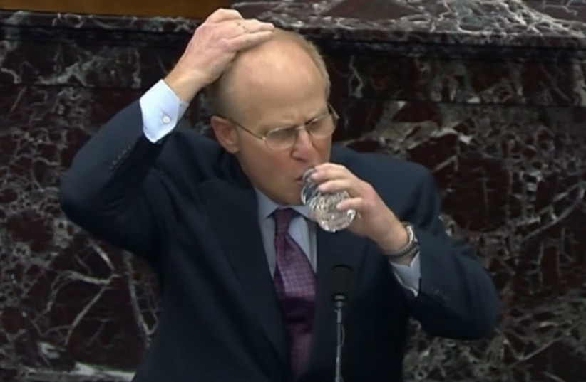 Trump's impeachment lawyer David Schoen covering his hand with his head before drinking water (credit: SCREEN CAPTURE FROM CNN LIVE BROADCAST/JTA)