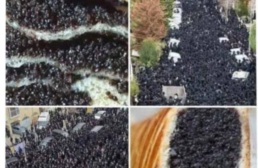 A VIRAL meme compared haredim illegally massing at funerals to pereg (poppyseed) cake.  (photo credit: FACEBOOK)