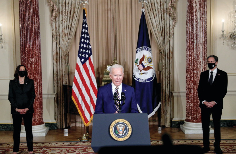 US PRESIDENT Joe Biden delivers a foreign policy address as US Vice President Kamala Harris and US Secretary of State Antony Blinken listen during a visit to the State Department in Washington last week. (photo credit: TOM BRENNER/REUTERS)