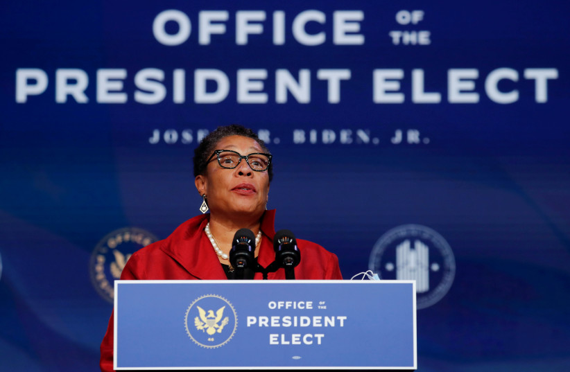 US Rep. Marcia Fudge, US President-elect Joe Biden's nominee to head the Department of Housing and Urban Development, speaks after Biden announced her nomination among another round of nominees and appointees during a news conference at his transition headquarters in Wilmington, Delaware, US, Decemb (photo credit: MIKE SEGAR / REUTERS)