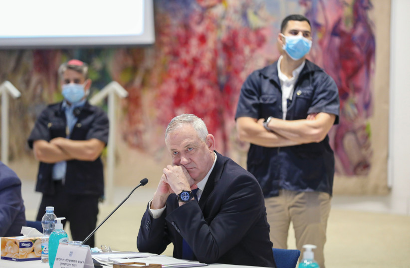 DEFENSE MINISTER Benny Gantz attends the first cabinet meeting of the new government at the Chagall Hall in the Knesset on May 24. (photo credit: ABIR SULTAN/POOL)