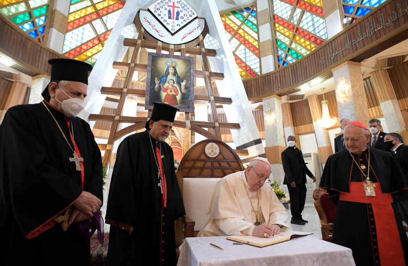 Pope Francis meets with with bishops, priests, seminarians and catechists at the Syro-Catholic Cathedral of 'Our Lady of Salvation' in Baghdad, Iraq March 5, 2021.  (photo credit: VATICAN MEDIA/HANDOUT VIA REUTERS)