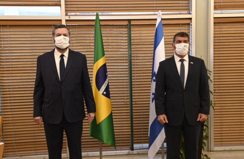 Foreign Minister Gabi Ashkenazi meeting with his Brazilian counterpart, March 7, 2021. (photo credit: FOREIGN MINISTRY)
