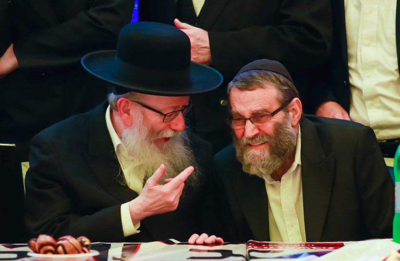 UNITED TORAH Judaism leader Moshe Gafni (right) with health minister Yaakov Litzman in party headquarters on election night, in Givat Shmuel on March 2, 2020 (photo credit: ROY ALIMA/ FLASH 90)
