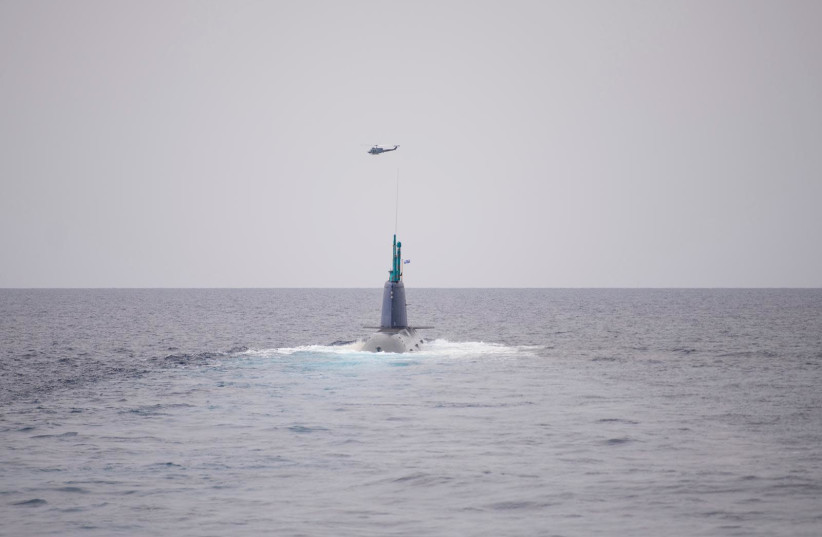 A submarine in the annual Noble Dina naval exercise for 2021, coordinated between Israel, Greece, Cyprus and France, March 12, 2021.  (credit: IDF SPOKESPERSON'S UNIT)