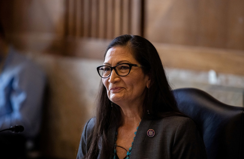 Rep. Deb Haaland, D-NM, looks on during a Senate Committee on Energy and Natural Resources hearing on her nomination to be Interior Secretary on Capitol Hill in Washington, DC, U.S. February 23, 2021. (credit: GRAEME JENNINGS/POOL VIA REUTERS)