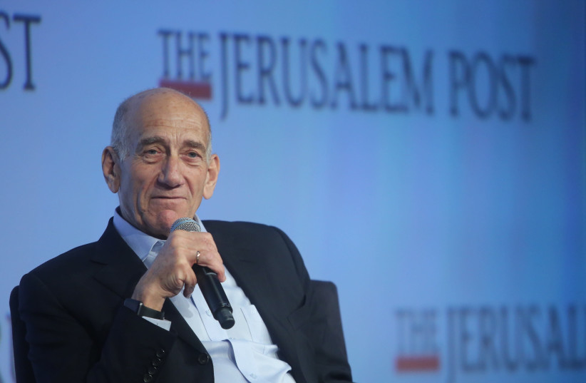 Former Israeli prime minister Ehud Olmert  speaks at the annual Jerusalem Post Conference held in New York City, USA. April 29, 2018.  (credit: MARC ISRAEL SELLEM)