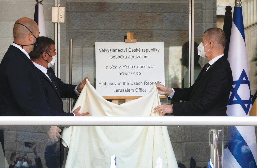 The unveiling of the new Czech embassy office in Jerusalem (photo credit: SEBASTIAN SCHEINER/POOL VIA REUTERS)