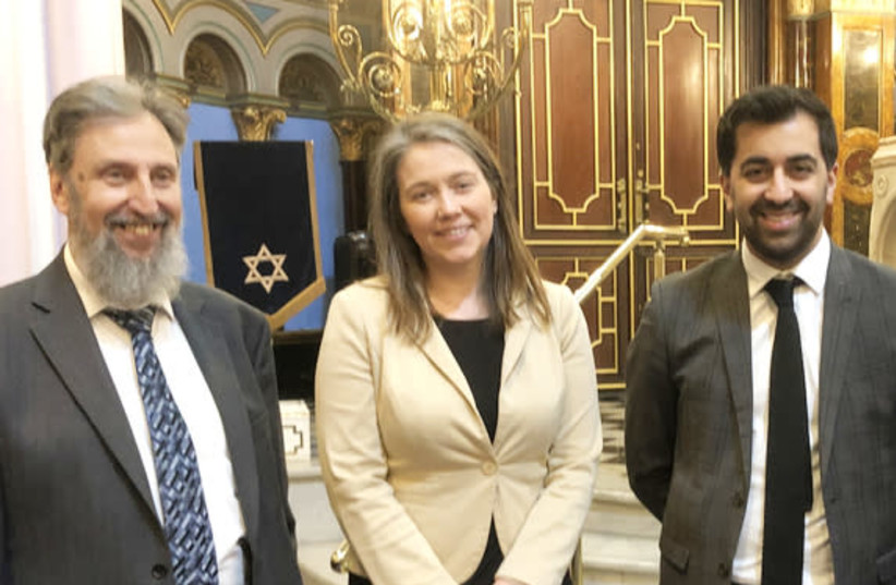 Ephraim Borowksi with members of SCoJeC in Garnethill Synagogue, Glasgow, the  ‘cathedral synagogue’ of Scotland. (photo credit: Courtesy)