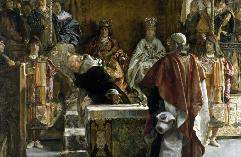 Spain's King Ferdinand and Queen Isabella give an audience to a Jew after the decree announcing the expulsion of Spanish Jewry, painting by Emilio Sala Frances in  1889 (photo credit: FLICKR)