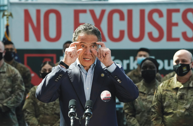 GOVERNOR ANDREW M. Cuomo gestures as he announces the start of the statewide ‘Vaccinate NY’ campaign on April 6. (photo credit: TIMOTHY A. CLARY/POOL/REUTERS)