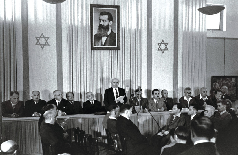 DAVID BEN-GURION declares Israel a state on May 14, 1948 (credit: RUDI WEISSENSTEIN/GPO)