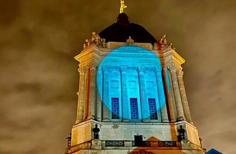 Canada - Manitoba Provincial Parliament Building in Winnipeg illuminated in blue for Israel's 73rd Independence Day April 15, 2021.