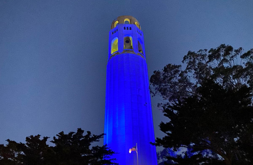 Coit Tower, one of the iconic landmarks of San Francisco, California, lights up in blue to celebrate Israel's 73rd Independence Day, April 15, 2021.  (credit: FOREIGN MINISTRY)