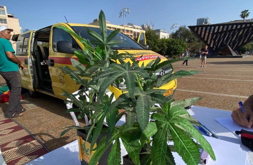 Hundreds of Israelis gather in Rabin Square in Tel Aviv on April 20, 2021to protest in favor of cannabis legalization and for reforms in the medical cannabis market. (credit: AVSHALOM SASSONI/ MAARIV)