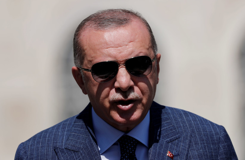 Turkish President Tayyip Erdogan talks to media after attending Friday prayers at Hagia Sophia Grand Mosque in Istanbul, Turkey August 7, 2020. (photo credit: REUTERS/MURAD SEZER/FILE PHOTO)