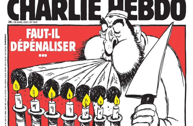 Front cover of Charlie Hebdo depicts a man lighting joints from a Jewish menorah with the headline ''Should antisemitism be decriminalized?'' (credit: CHARLIE HEBDO)