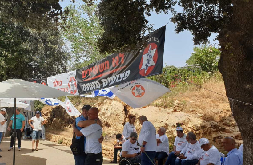 The IDF disabled veterans organization set up a protest tent outside of the Knesset Monday which will be manned 24/7 after the government did not approve a plan for reform in the treatment of IDF veterans Monday. (credit: COURTESY OF IDF DISABLED VETERANS ASSOCIATION)