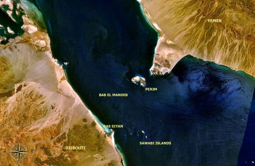 BAB-EL MANDEB, a key maritime chokepoint between the Arabian peninsula and African continent, was a focal point of Somali piracy. (credit: Wikimedia Commons)