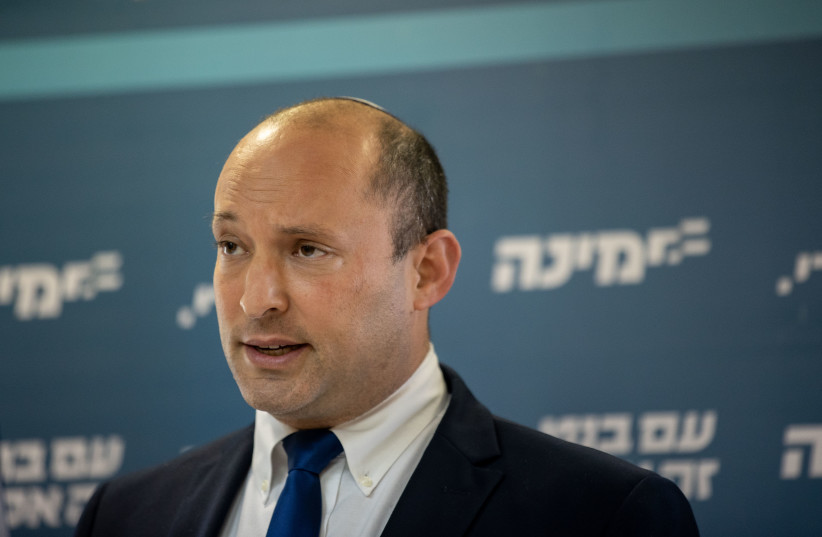 Head of the Yamina party Naftali Bennett gives a press conference at the Knesset, the Israeli parliament in Jerusalem, on May 05, 2021. (photo credit: YONATAN SINDEL/FLASH 90)