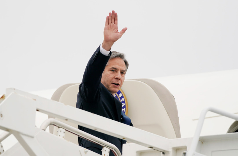 US Secretary of State Antony Blinken waves as he departs to visit Israel and West Bank, at Andrews Air Force Base, Maryland, US May 24, 2021.  (photo credit: REUTERS/ALEX BRANDON/POOL)