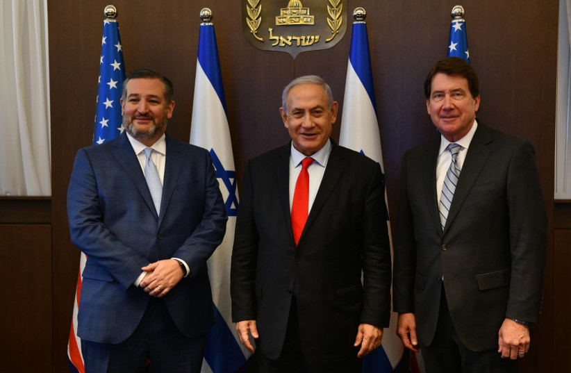From left: Sen. Ted Cruz, Prime Minister Benjamin Netanyahu and Sen. Bill Hagerty. (credit: HAIM ZACH/GPO)
