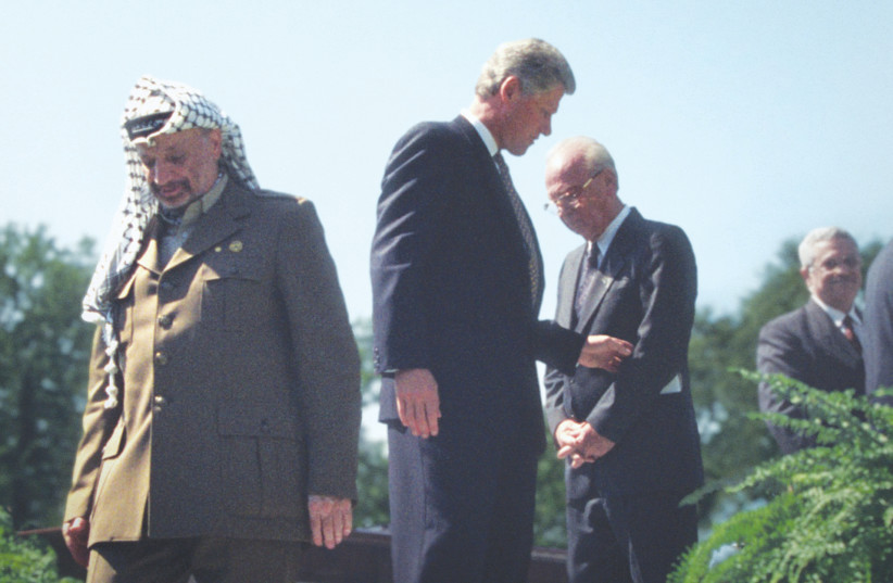 YASSER ARAFAT, Bill Clinton and Yitzhak Rabin are focused on in ‘The Human Factor.’ (credit: WILLIAM J. CLINTON PRESIDENTIAL LIBRARY/COURTESY OF HOT 8)