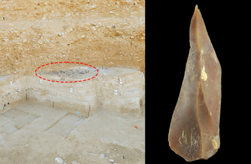 (L-R) View of the Boker Tachtit excavation site. Circled: a group of unearthed flint stone artifacts; Flint point representative of the Upper Paleolithic in Boker Tachtit. (photo credit: CLARA AMIT ISRAELI ANTIQUITIES AUTHORITY)