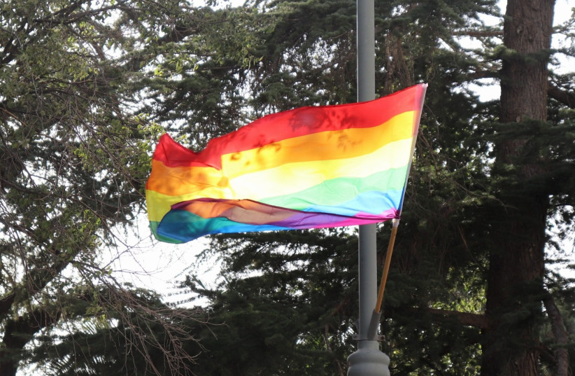 Pride flag at Jerusalem Pride march, June 2021 (photo credit: GAL GASHMA)