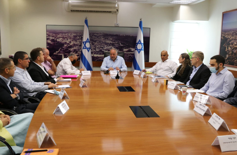 Finance Minister Avigdor Liberman met with department officials to discuss Israel's accession to  the OECD Digital Economy Taxation Outline, June 22, 2021. (credit: SPOKESPERSON OF THE FINANCE MINISTER)