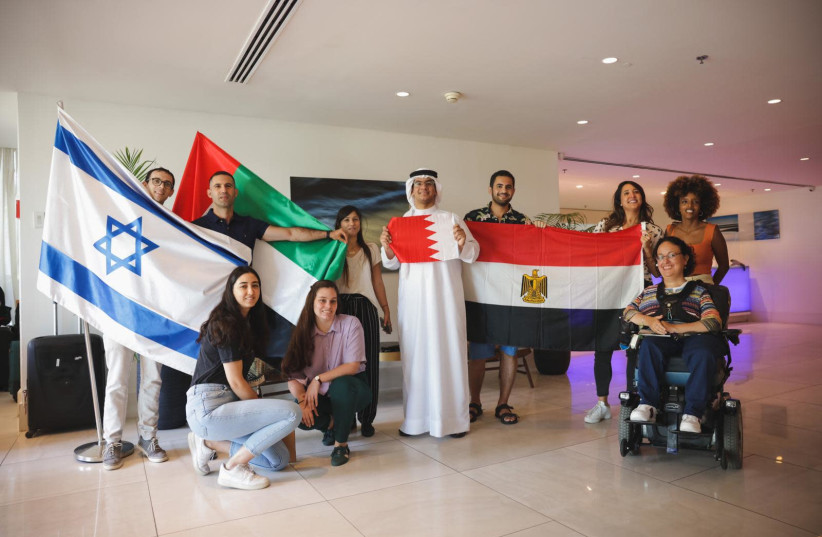 Young social media influencers from the UAE, Bahrain and Morocco traveled to Israel in a visit organized by the Israel-Is organization and met with their Israeli counterparts. (credit: ITAMAR EYAL/THE MEDIA LINE)