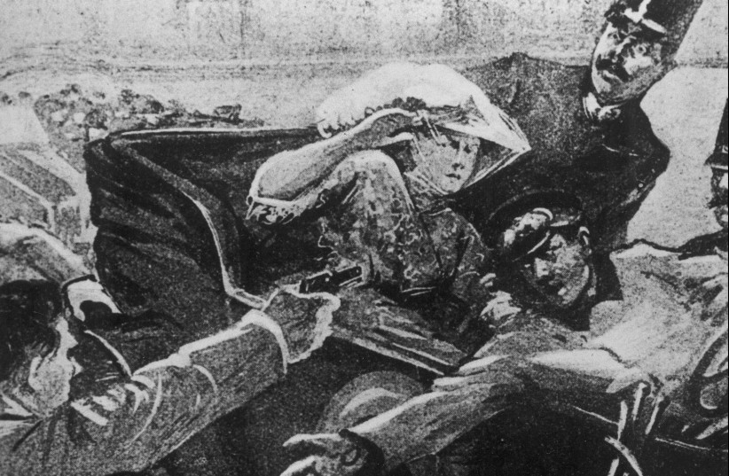 An artistic rendering of Gavrilo Princip's assassination of Austria's Archduke Franz Ferdinand and his wife Sophie, which sparked World War I, on June 28, 1914. (credit: Wikimedia Commons)