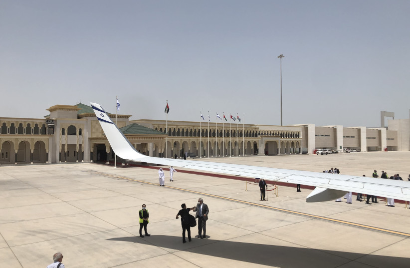 El Al plane at the VIP terminal in Abu Dhabi welcoming Foreign Minister Yair Lapid to the UAE, June 29, 2021.  (credit: Lahav Harkov)