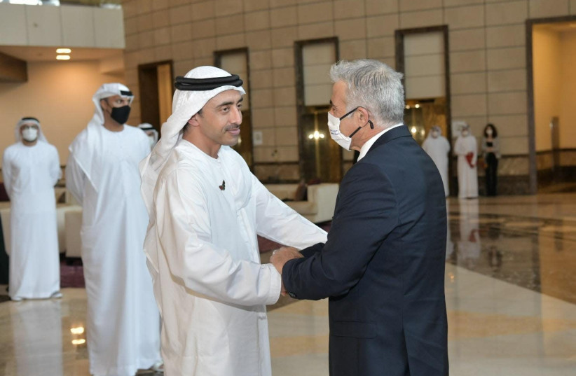Foreign Minister Yair Lapid meeting with Emirati counterpart Abdullah bin Zayed Al Nahyan (credit: SHLOMI AMSALEM/GPO)