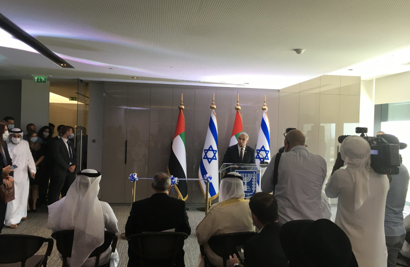 Foreign Minister Yair Lapid is seen inaugurating the Israeli Consulate in Dubai, on June 30, 2021. (credit: Lahav Harkov)