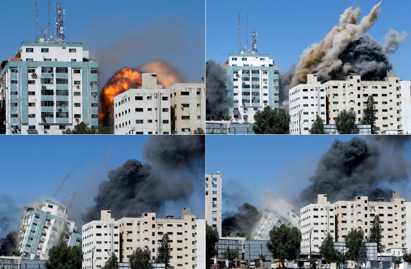 A combination picture shows a tower building housing AP, Al Jazeera offices as it collapses after Israeli missile strikes in Gaza city, May 15, 2021. (photo credit: MOHAMMED SALEM/REUTERS)
