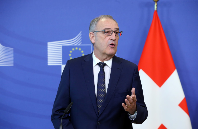 Swiss President Guy Parmelin holds a press conference with the European Commission president during a meeting at the European Commission building in Brussels, Belgium April 23, 2021. (credit: FRANCOIS WALSCHAERTS/POOL VIA REUTERS)